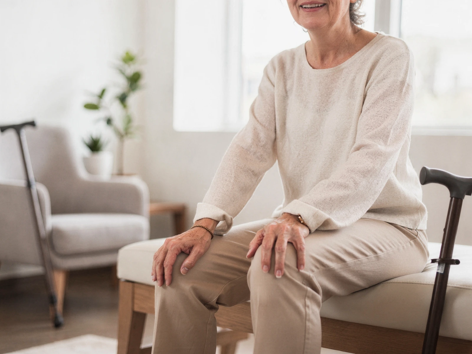 Mature woman sitting on a couch with a cane, smiling in a bright living room